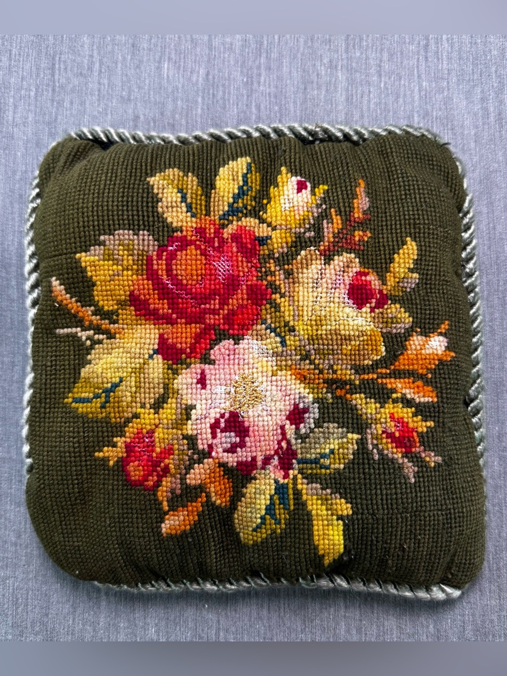 Vintage Rose Floral Wreath Olive Green Velvet Needlepoint Pillow SMALL 9x9"